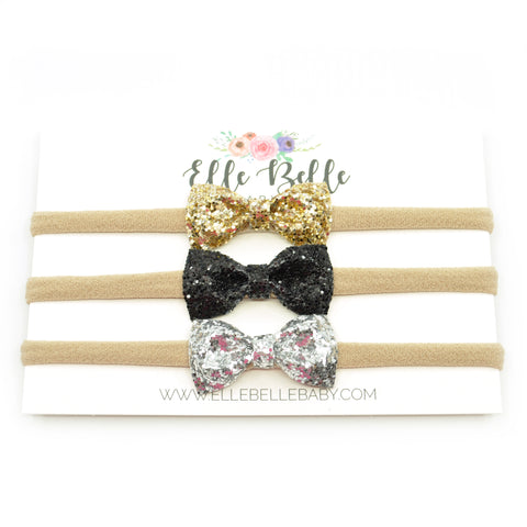 Mini-Belle Glitter Bow SET of 3 bows on Headbands