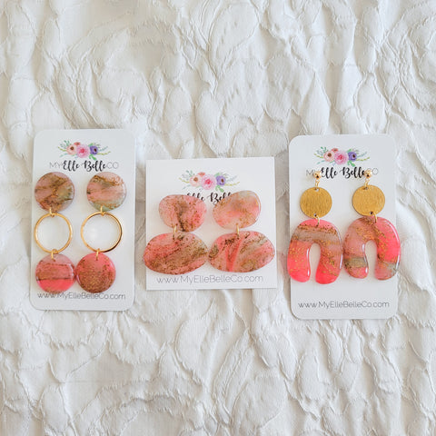 Hot Pink & Gold Marbled Earrings