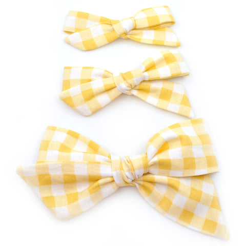 Yellow Gingham Evy Bow, Newborn Headband or Clip