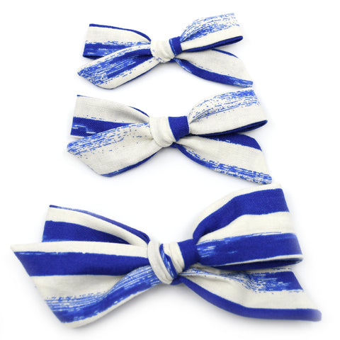 Cobalt Blue & Ivory Stripes Evy Bow, Newborn Headband or Clip